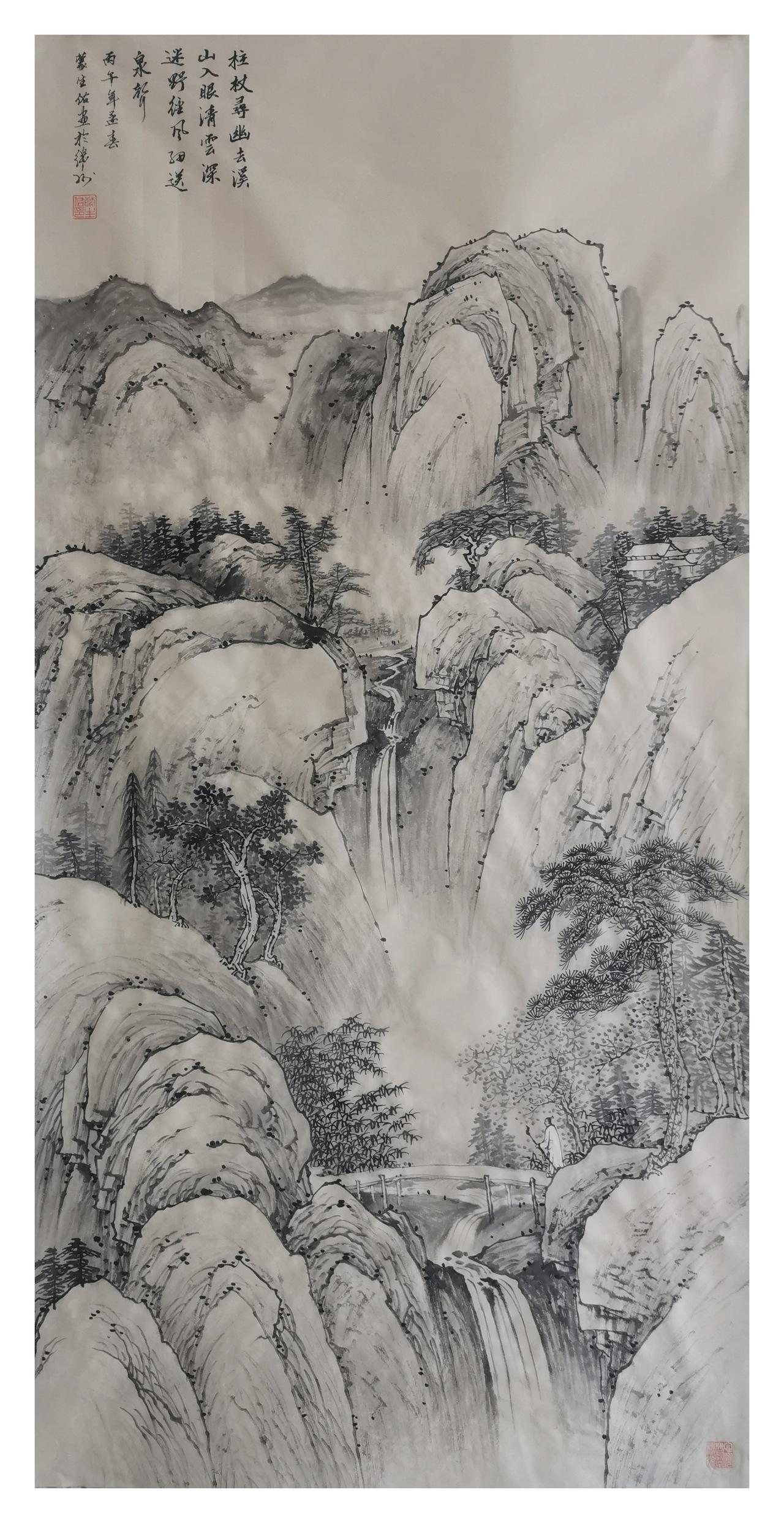 中国山水画作品欣赏：传统水墨山水画
尺寸：四尺（138x68）
宁静的山水画 水