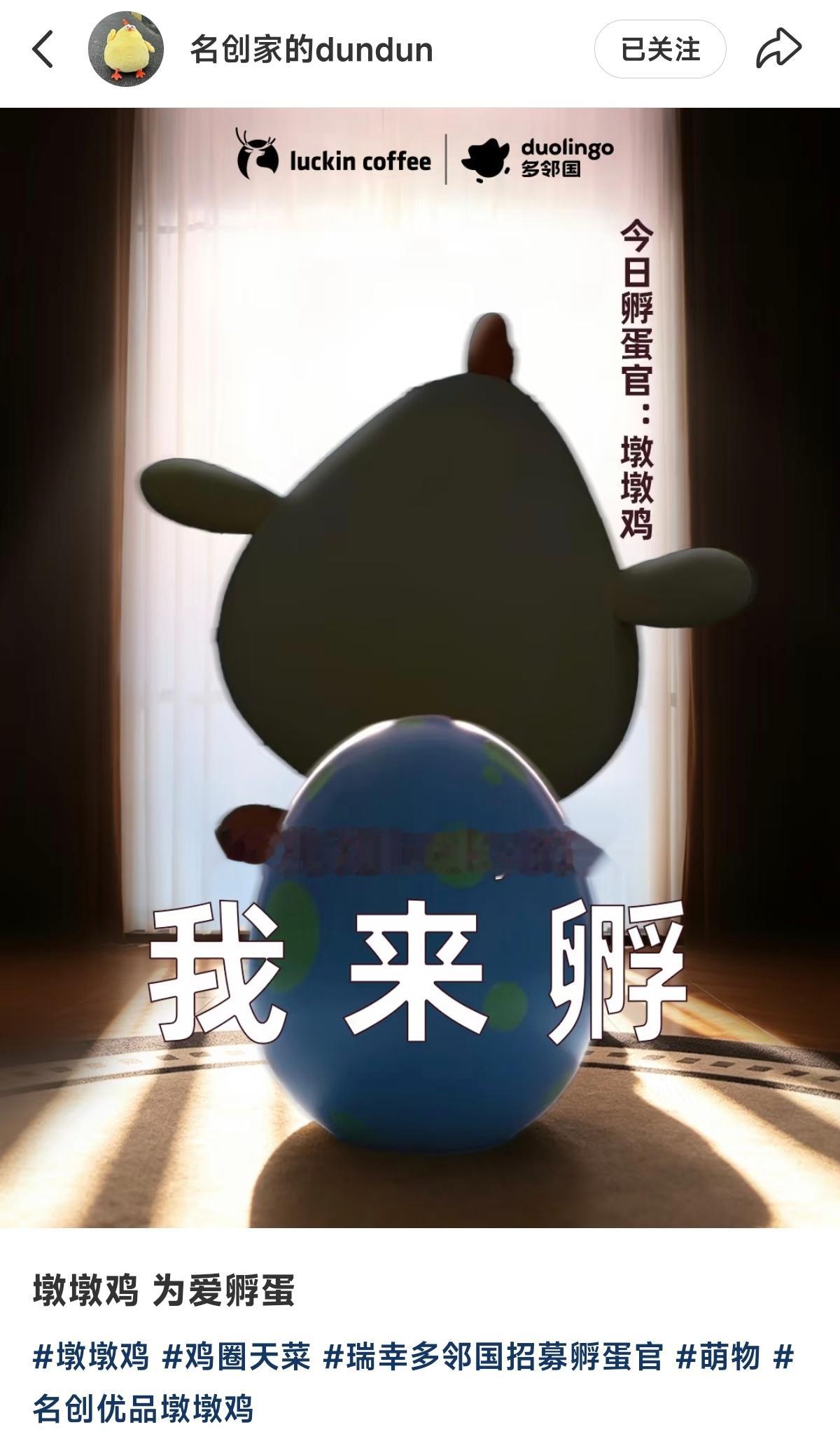名创优品墩墩鸡还帮瑞幸和多邻国孵上蛋了 