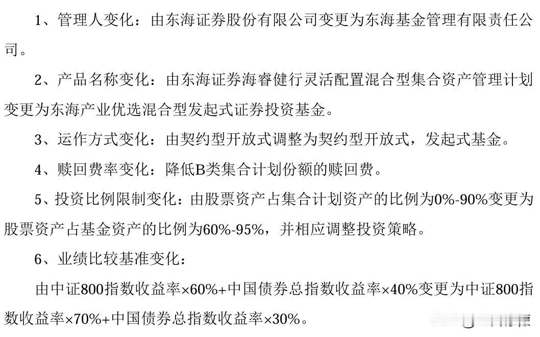 东海证券海睿健行灵活配置混合拟变更注册，变更为东海产业优选混合发起。主要变化就是