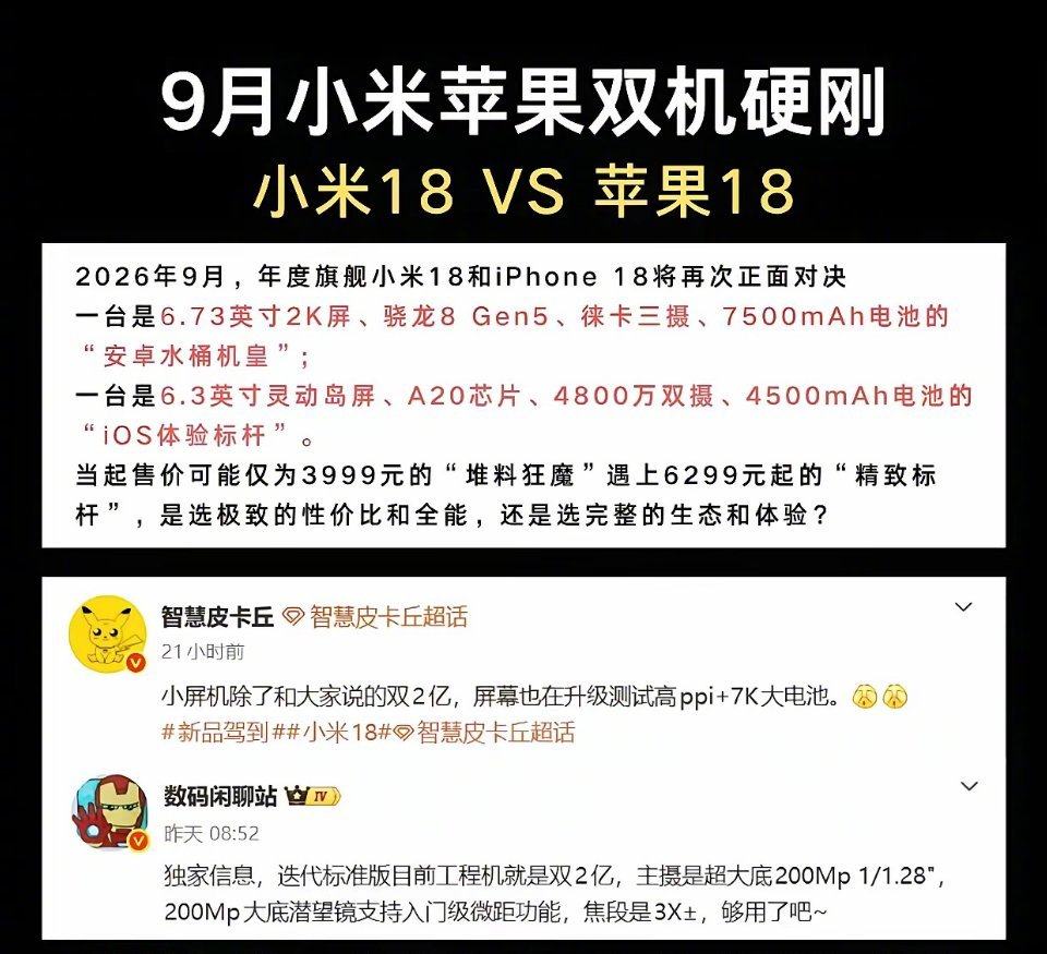 9月小米苹果双机硬刚：小米18 VS 苹果18 