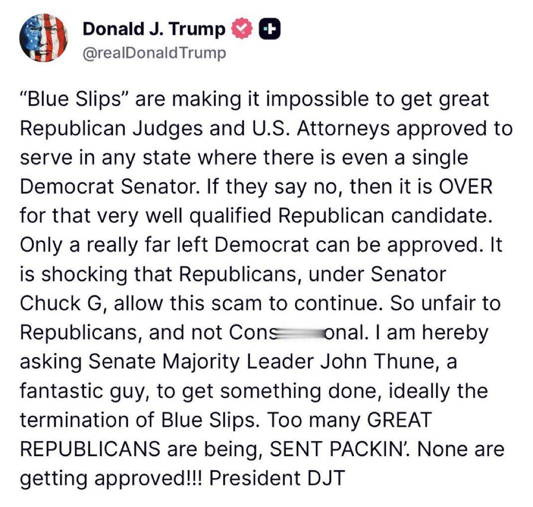 新闻快讯——美国总统唐纳德·特朗普呼吁废除“蓝纸条”制度！！！！