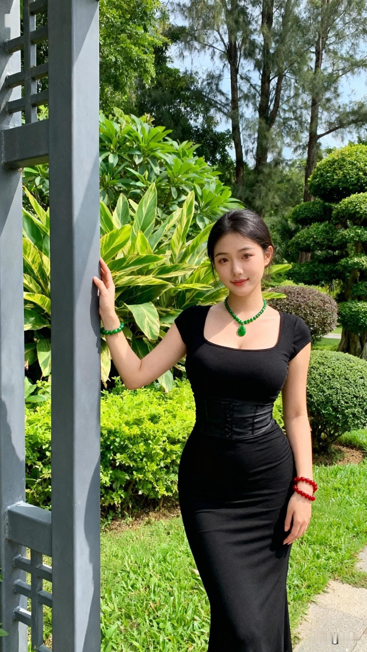 谁能拒绝这种古典与现代碰撞的穿搭魅力？一身剪裁利落的黑色修身裙，将曲线勾勒得恰到