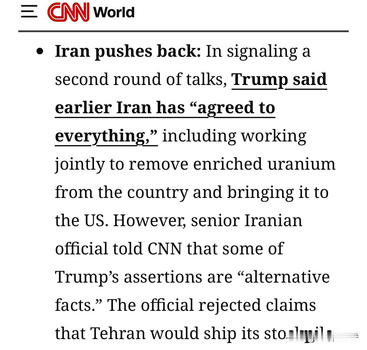 川普日前表示，伊朗伊朗同意了美方的“每一项要求”，包括伊朗的浓缩铀将被送往美国保