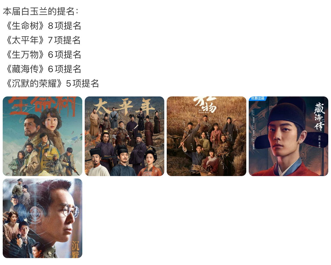 白玉兰剧提名项目数量生命树8项提名太平年7项提名生万物6项提名藏海传6项提名沉默