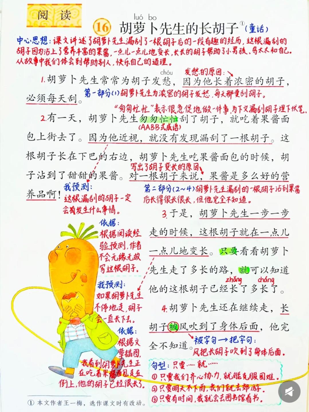 三年级下册语文，第16课《胡萝卜先生的长胡子》课堂学习笔记，收藏复习三年级语文