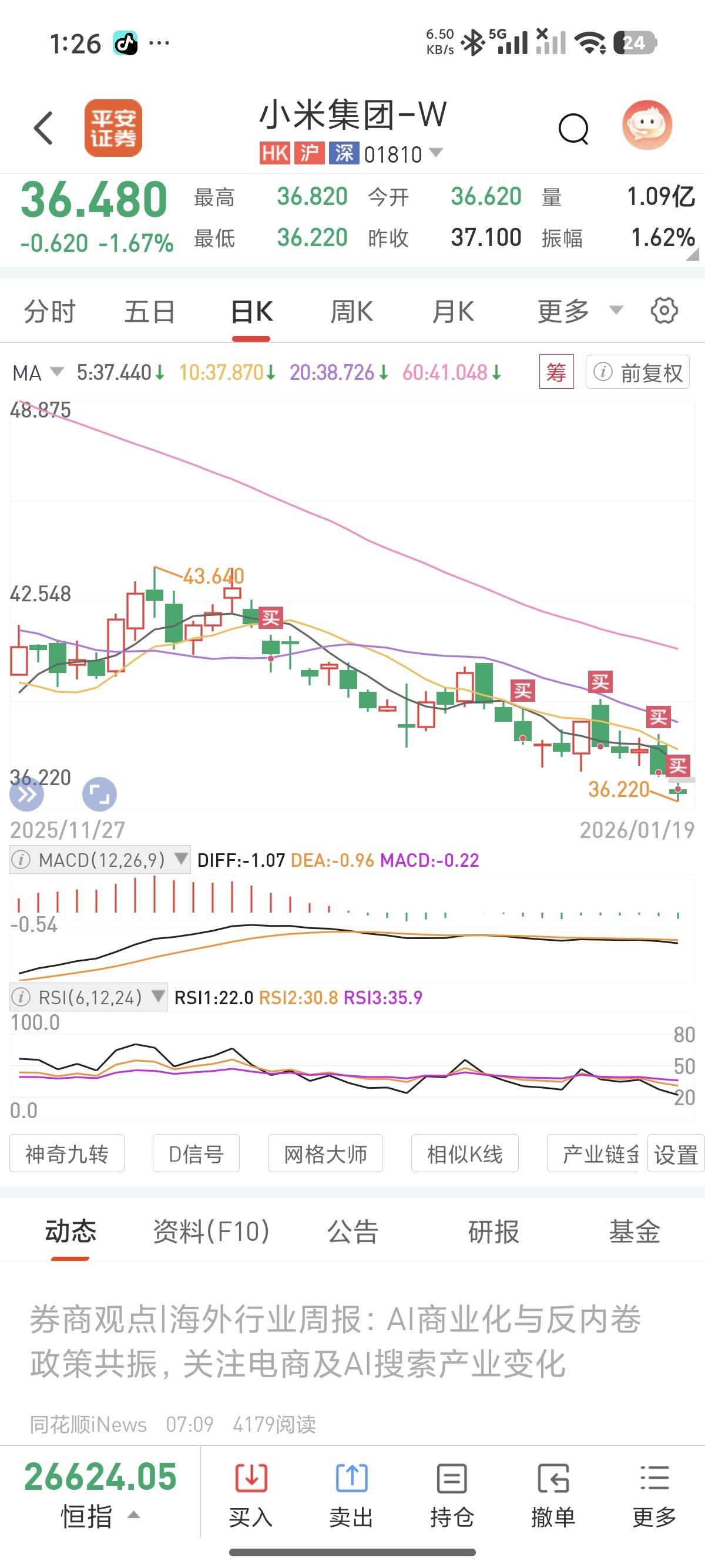 今日小米股票再度跌至新低，我查看账户，发现尚有一些余钱，便又购入了些许。我再次告