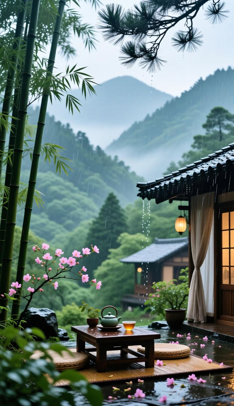 七律·山居消夏
 
叠嶂围庐远市哗，松风竹影伴清茶。
一帘暮雨洗烦虑，半盏幽光赏