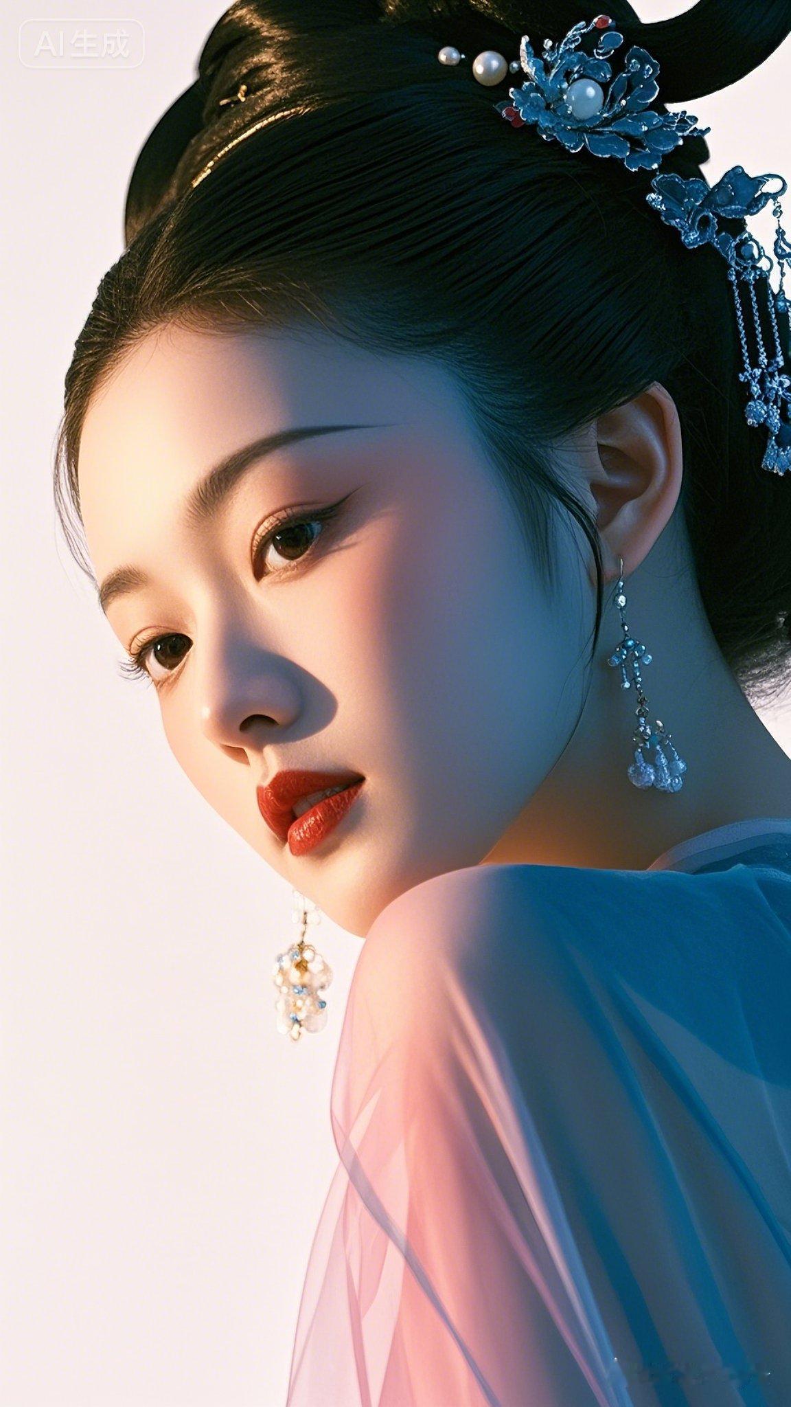 东方美人，古典优雅，红唇蓝衣，韵味十足！