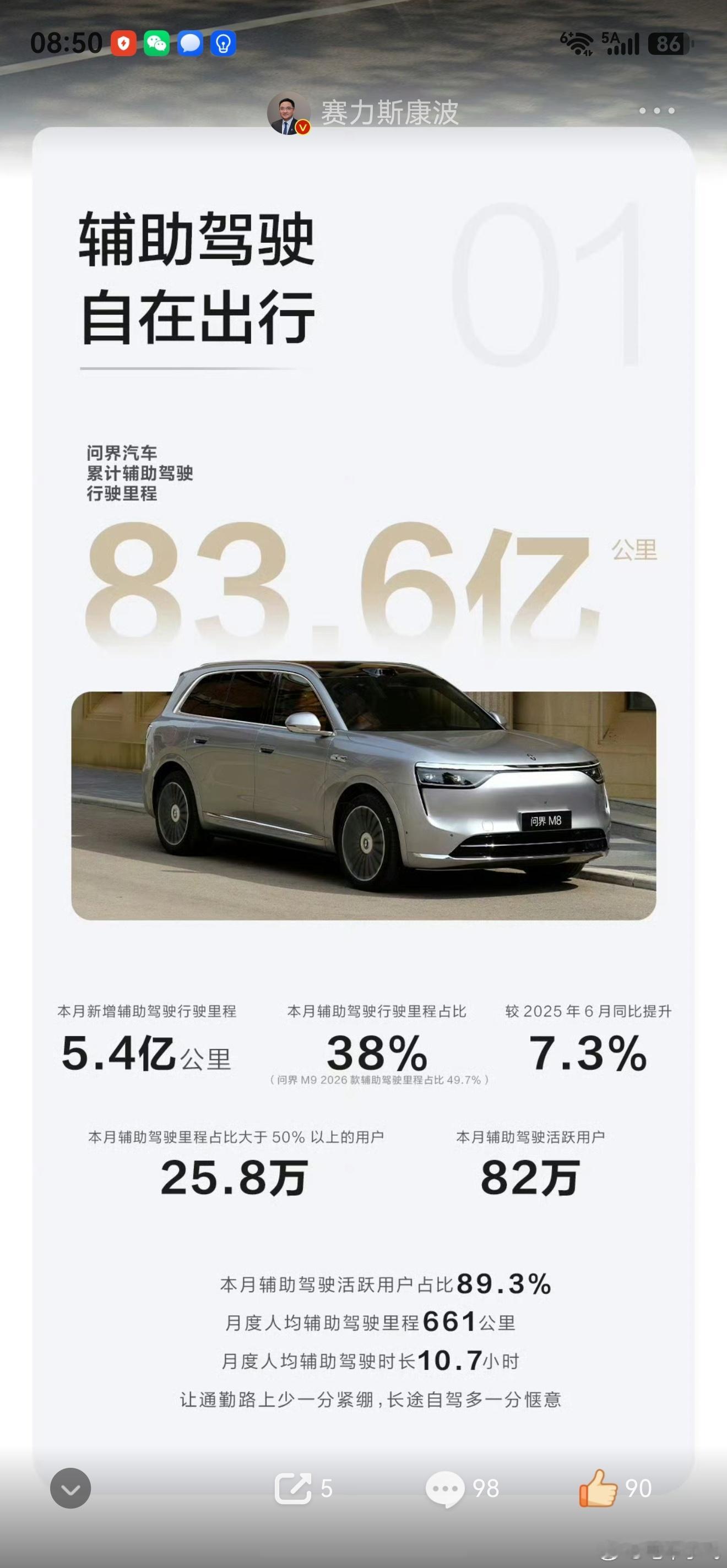余总深夜也转发了智驾使用报告，其实有一个数字非常不错，6月问界全口径智驾使用率3