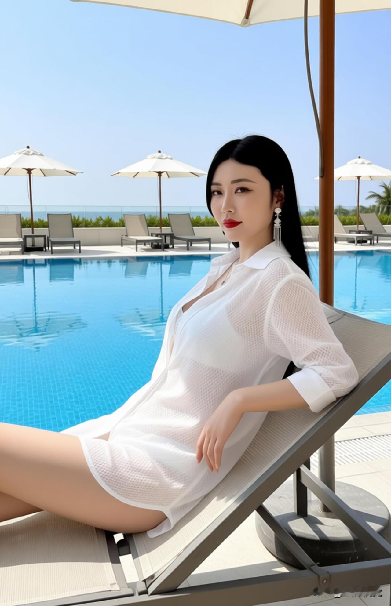 养眼的小姐姐，心中的女神，站在湛蓝泳池旁边，漾着细碎的阳光。白伞、躺椅在绿植间散