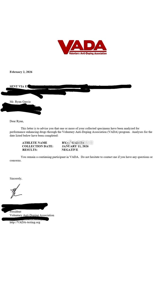 拳坛速递 瑞安·加西亚（Ryan Garcia）给出了自己最新的VADA检测单。