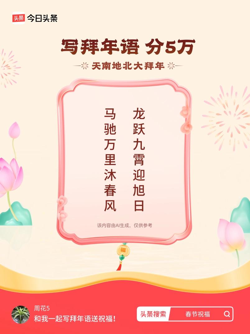 写拜年语送祝福新春拜年送祝福！我的祝福是：“马驰万里沐春风，龙跃九霄迎旭日”！快