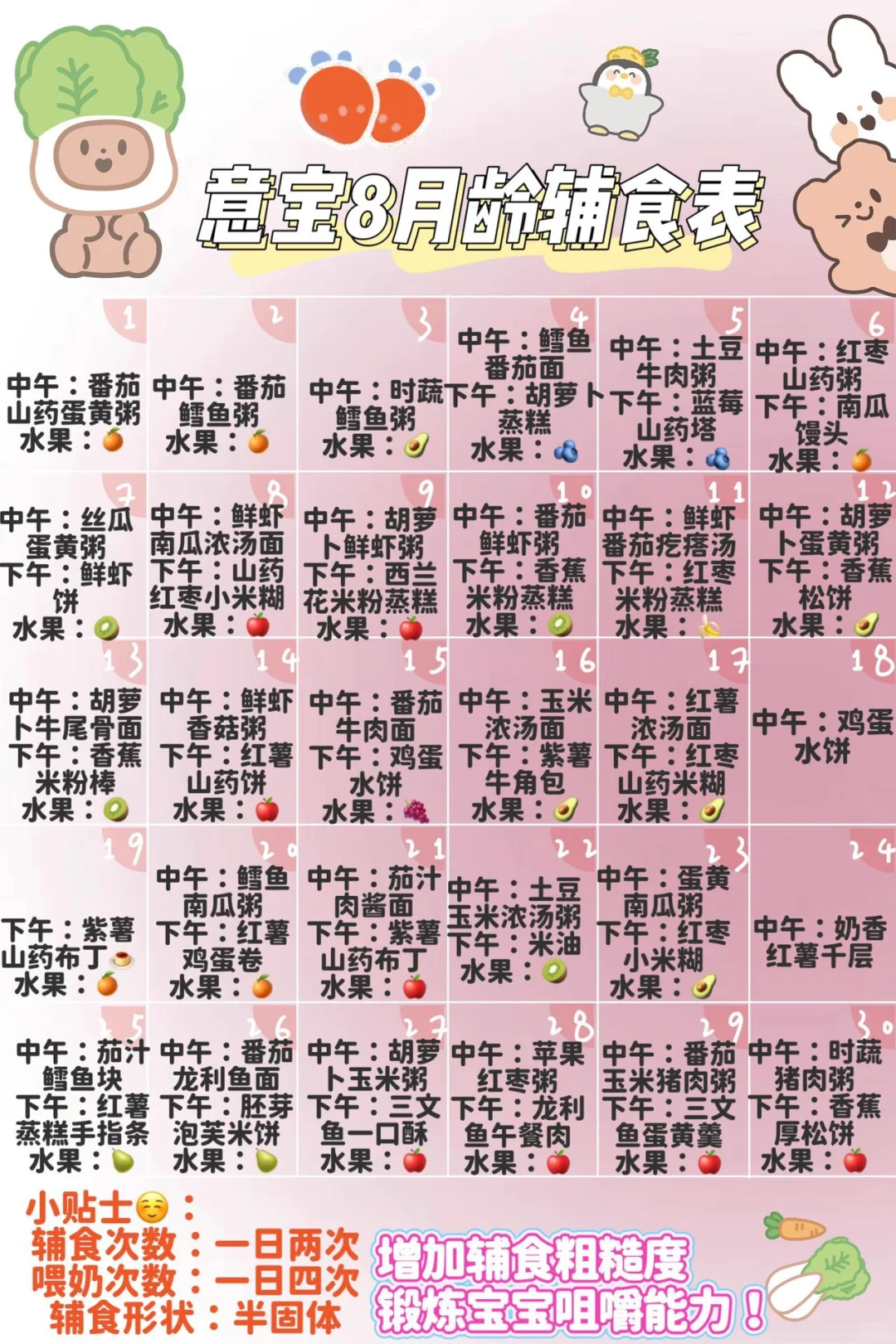 8月龄宝宝辅食表｜附手指食物教程✅