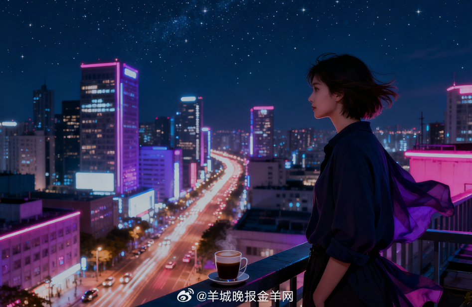 #晚安# 高楼霓虹与星空交相辉映，街道车流织成光带，天台护栏边放着一杯热饮，晚风
