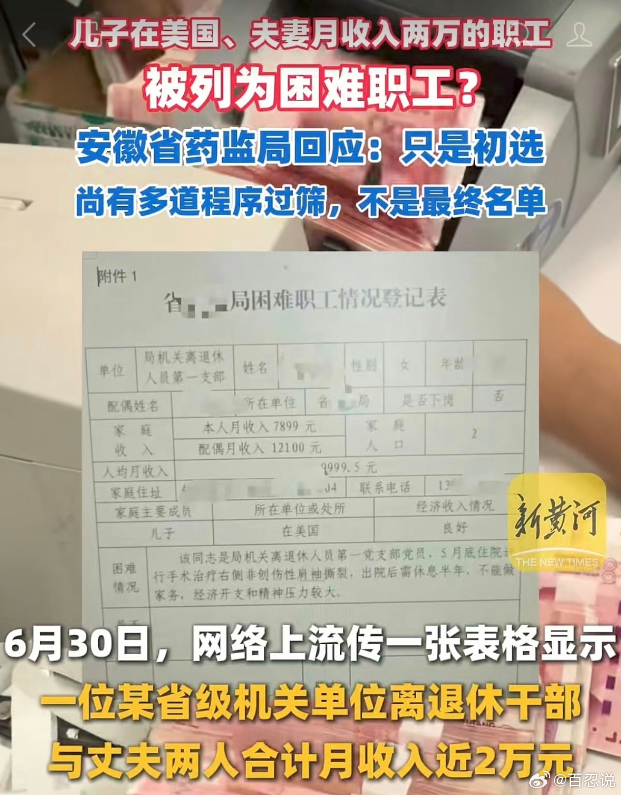 有些事已经毫不遮掩了，老两口申请困难员工的退休合并收入居然是19999元，咋就这