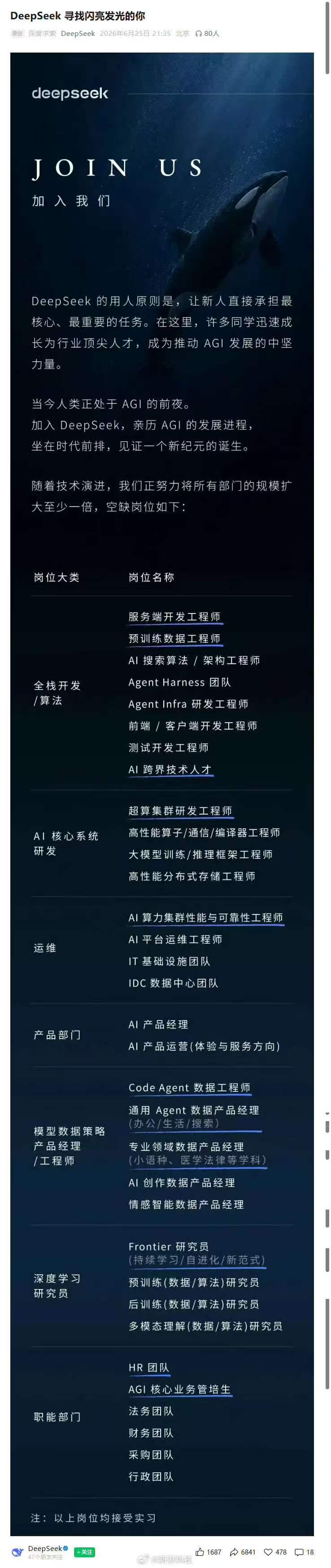 DeepSeek开启“倍速”扩张！全员扩招一倍，急觅AI跨界人才
DeepSee