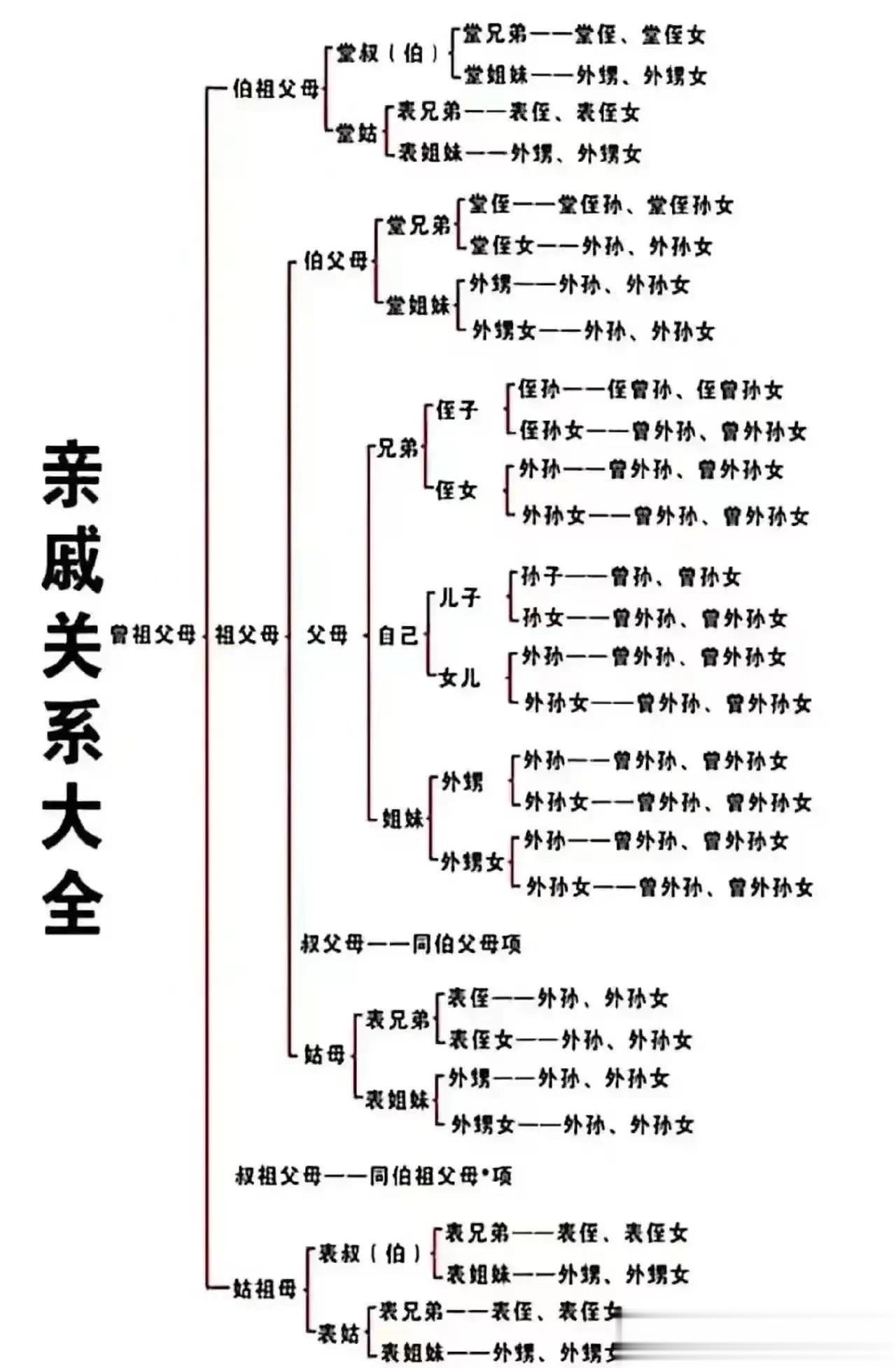 最全的亲戚关系一览。
 
这张图详细记录了各种亲戚关系和叫法，有了这张图就不会存
