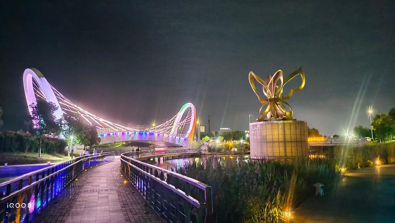  夏夜漫步汝南梁祝文化公园，终于见到火遍小城的蝴蝶网红桥。双环拱桥缀满斑斓灯带，