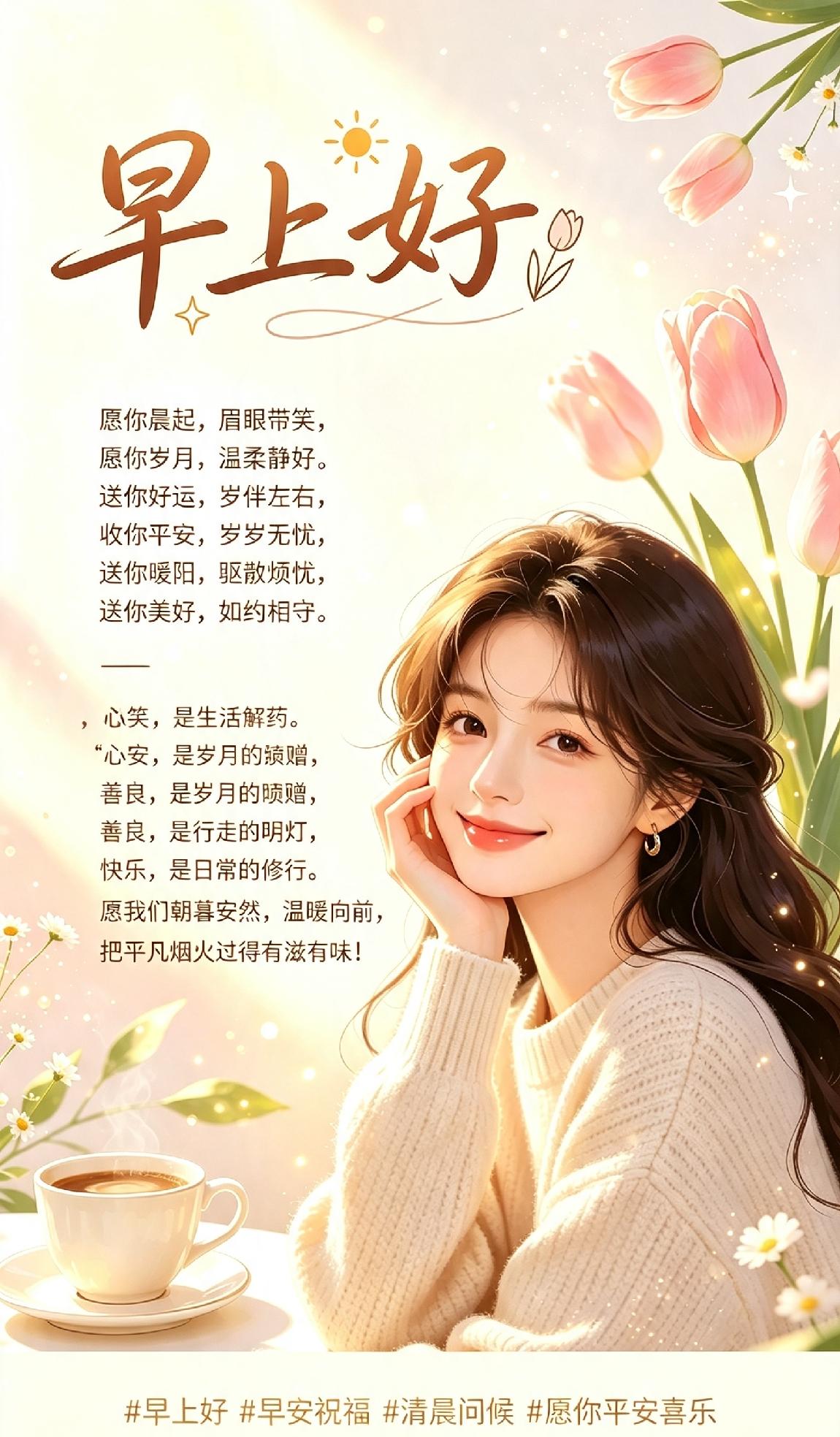 🌷
 
愿你晨起，眉眼带笑，
愿你岁月，温柔静好。
送你好运，常伴左右；
送你