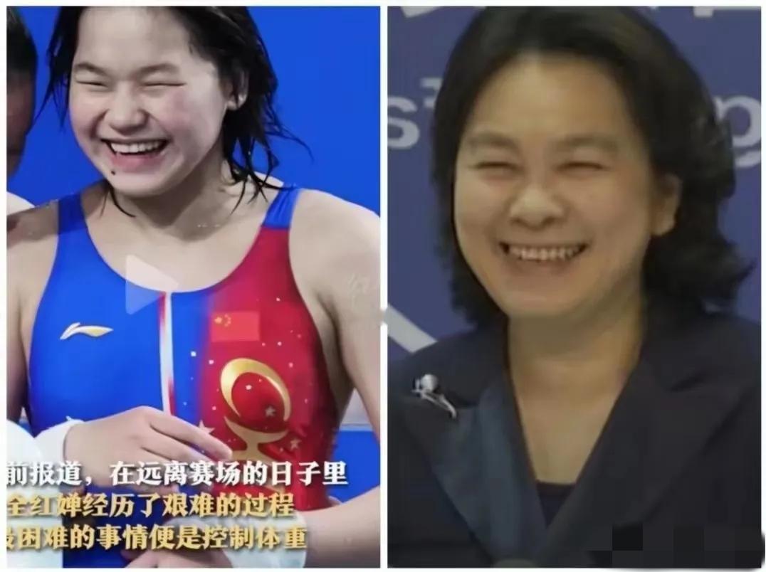 谁能想到！

全红婵领奖台上一个咧嘴笑，居然撞脸了咱们超飒的外交官华春莹，这相似