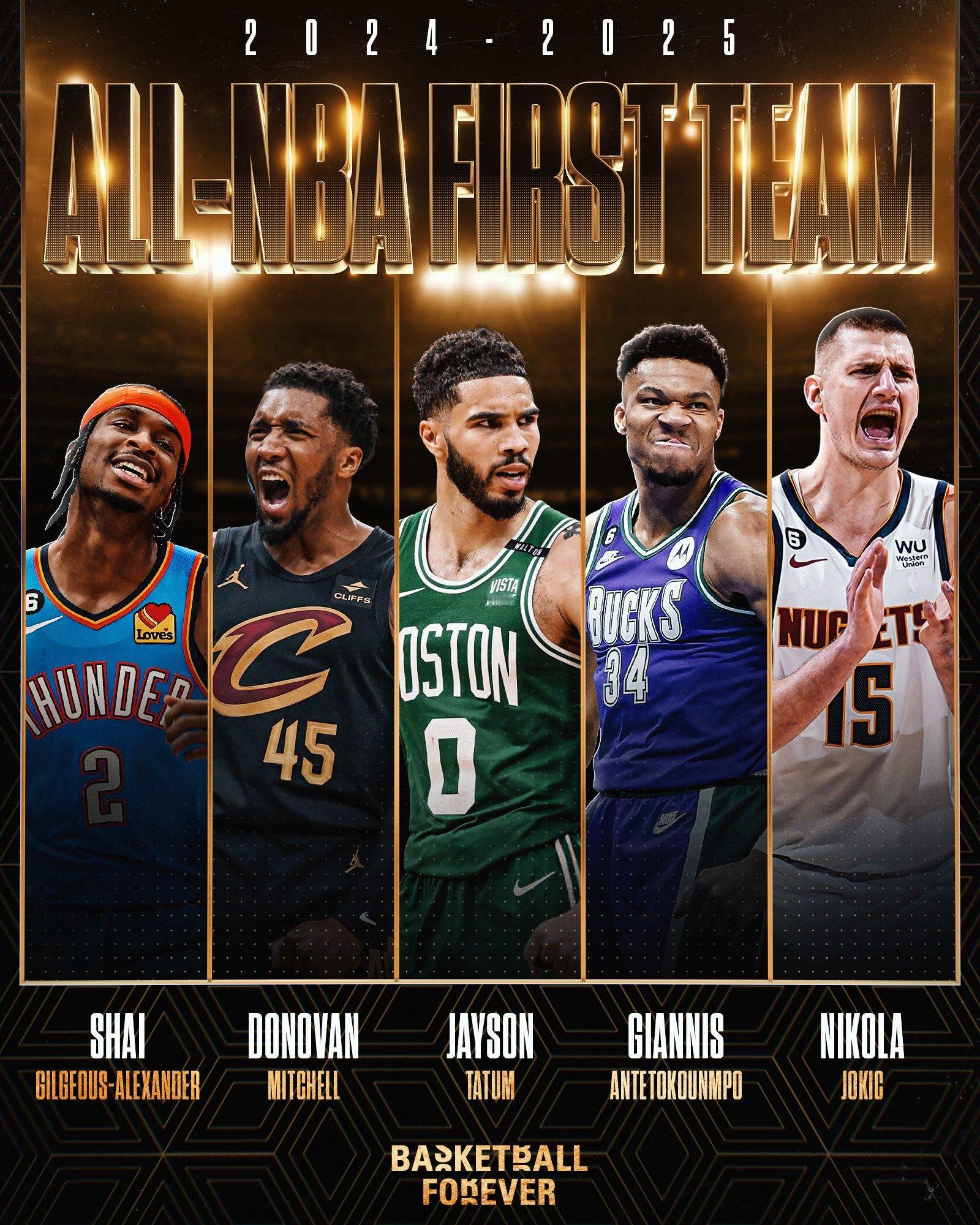 NBA官方公布本赛季最佳阵容，快来看看。一阵：亚历山大、米切尔、塔图姆、字母哥、
