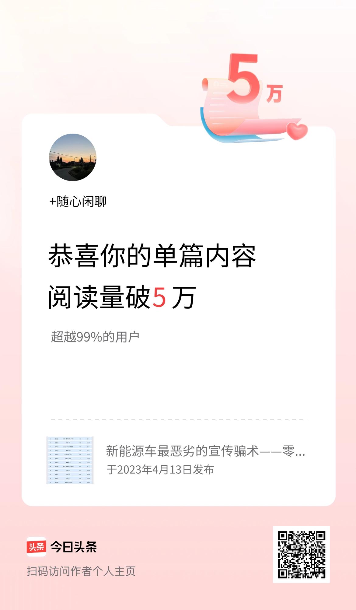 单篇内容获得阅读量破5万啦！