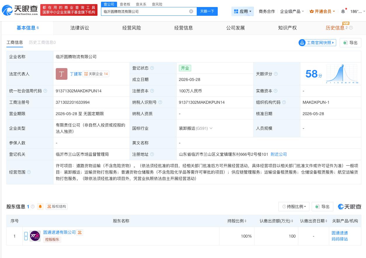 圆通速递在临沂成立新公司
天眼查App显示，近日，临沂圆腾物流有限公司成立，法定