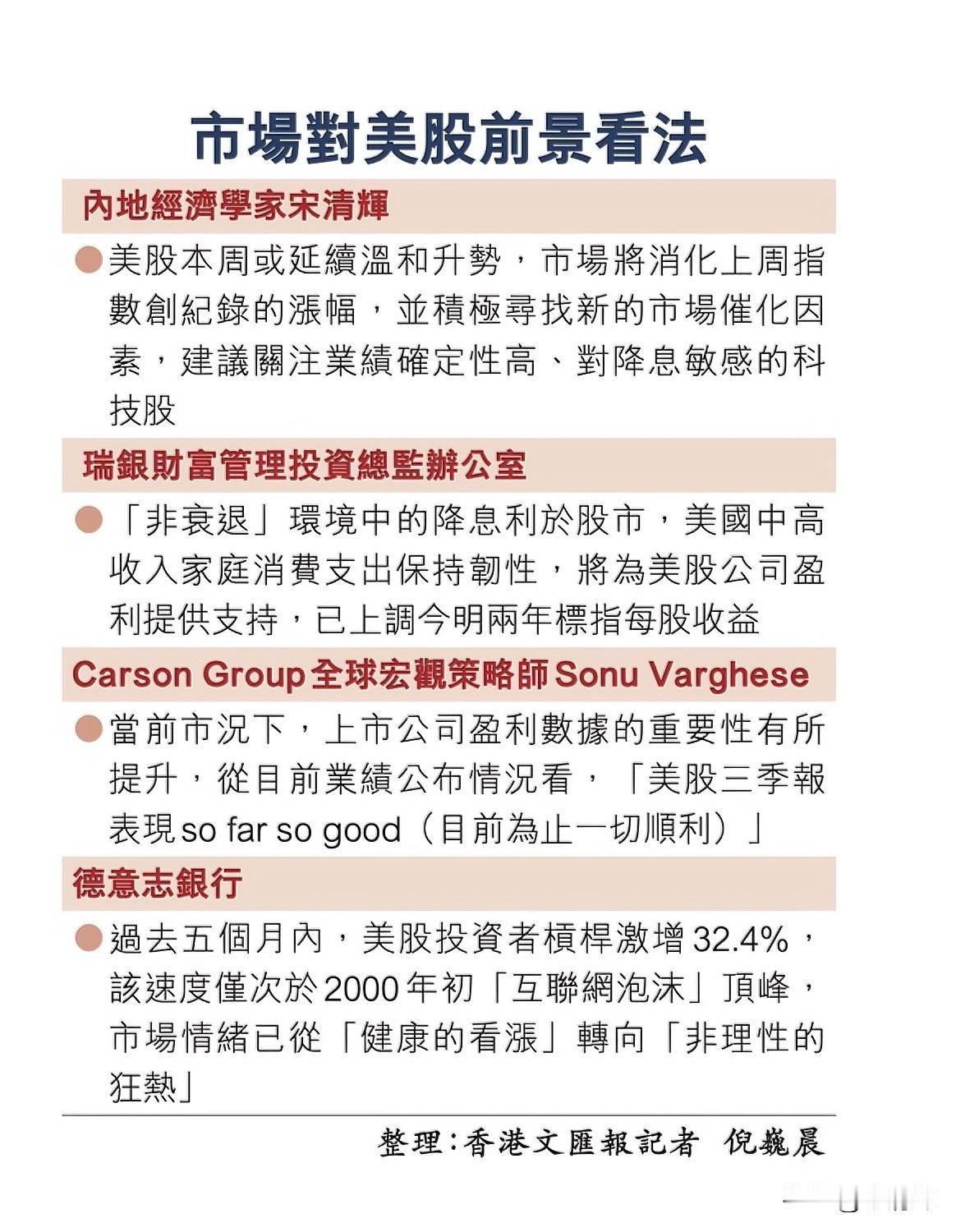 美股三大指数皆创新高，科技巨头业绩影响走势。据香港文汇报，过去一周，美股市场情绪