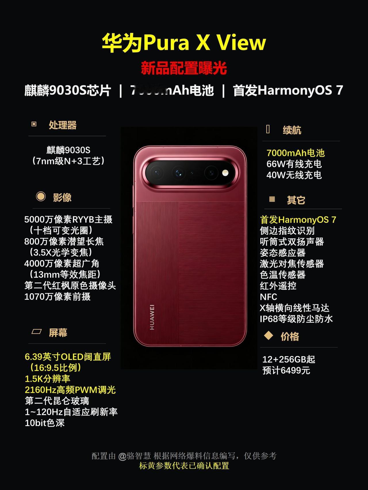 华为Pura X View 爆料配置参数，

40W无线快充，同时支持无线反向充