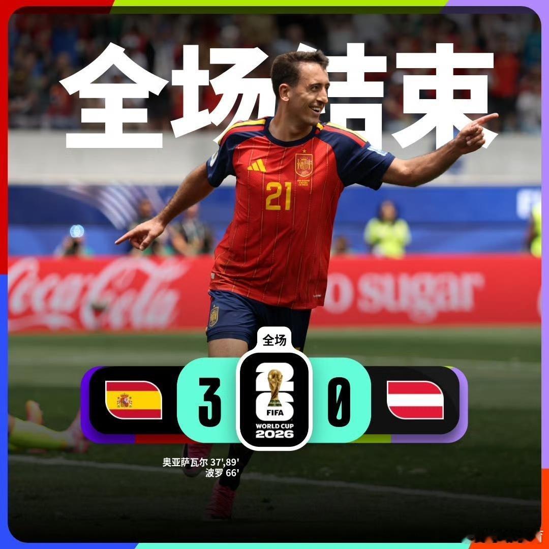 西班牙0丢球进16强在2026美加墨世界杯1/16决赛中，西班牙队3-0完胜奥地