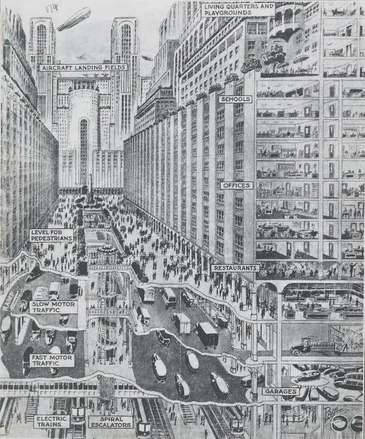 1925年，Harvey Wiley Corbett构想的1950年未来城市蓝图