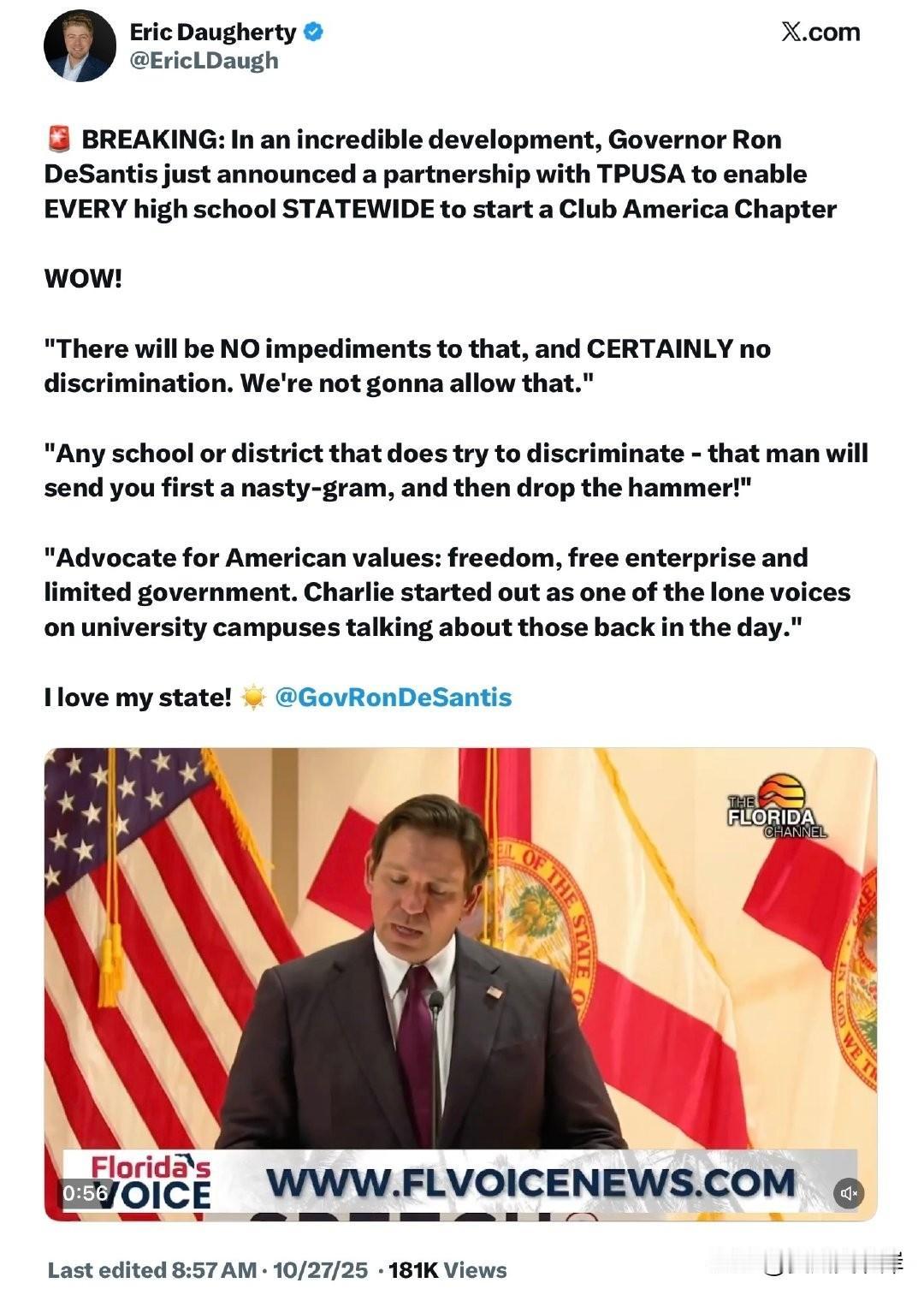 突发消息：在一项令人难以置信的发展中，州长Ron DeSantis刚刚宣布与TP