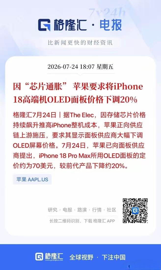 因为芯片的通胀，苹果直接要求iPhone 18高端机面板价格下调20%，芯片价格