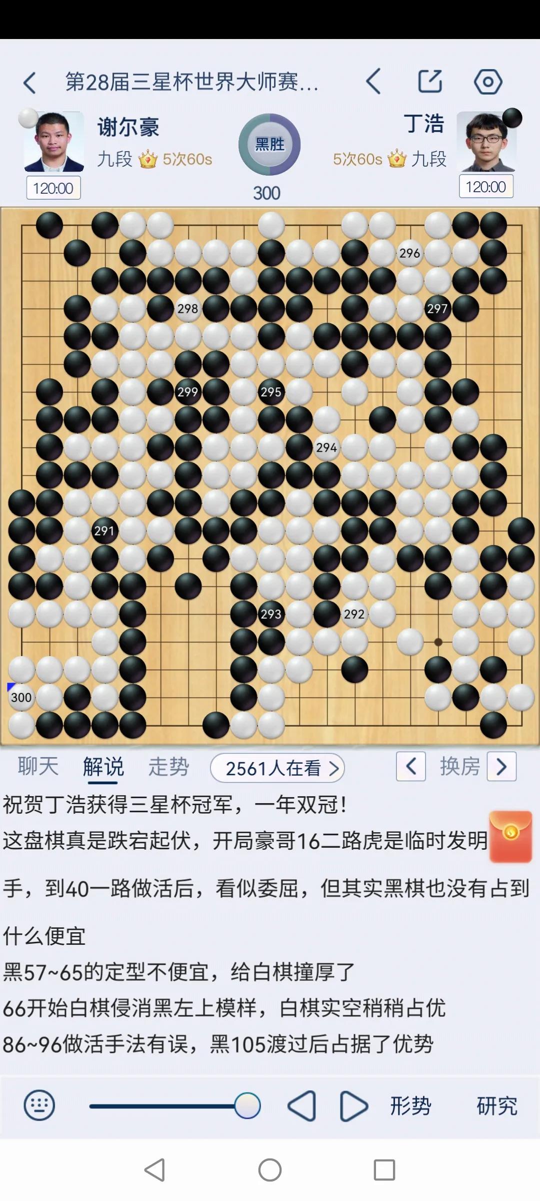 第28届三星杯世界围棋大师赛决赛决胜局，丁浩胜谢尔豪。
今天的棋丁浩半目战胜谢尔