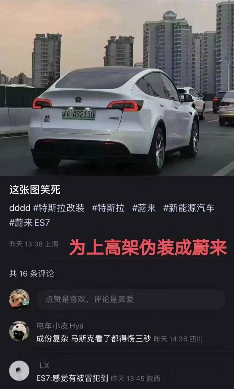 特斯拉为了上高速也是拼了，直接伪装成蔚来，马斯克看了都要反应半天吧。。。