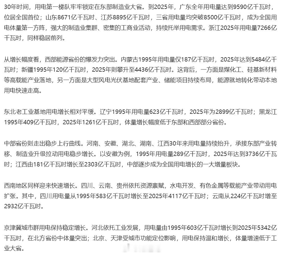 【30年 各省用电量变化】1995年，广东用电量788亿千瓦时，是全国用电规模最