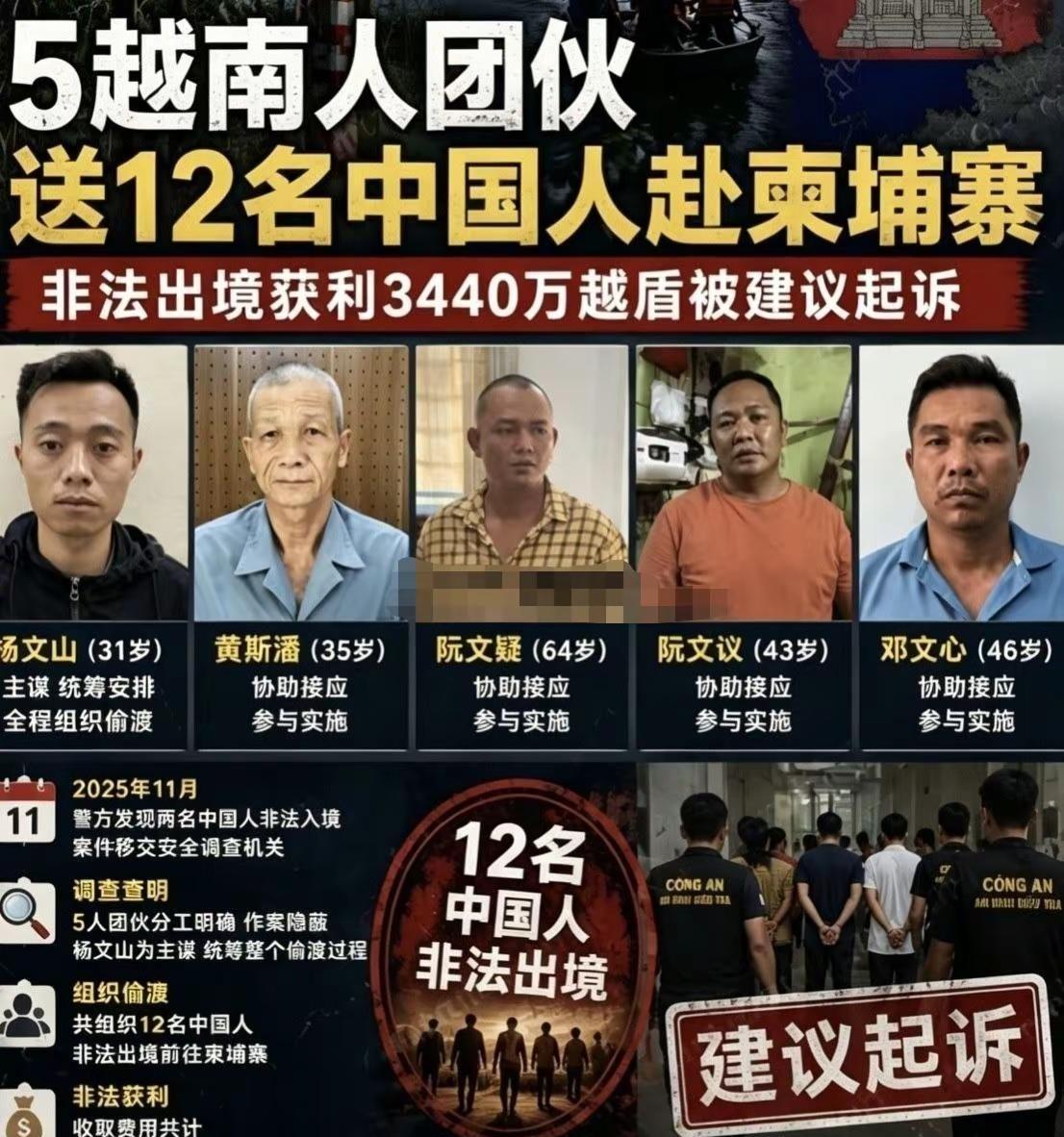 🆘【12名中国人被偷渡送往柬埔寨！越南5人蛇团伙落网，非法获利曝光】🆘越南警
