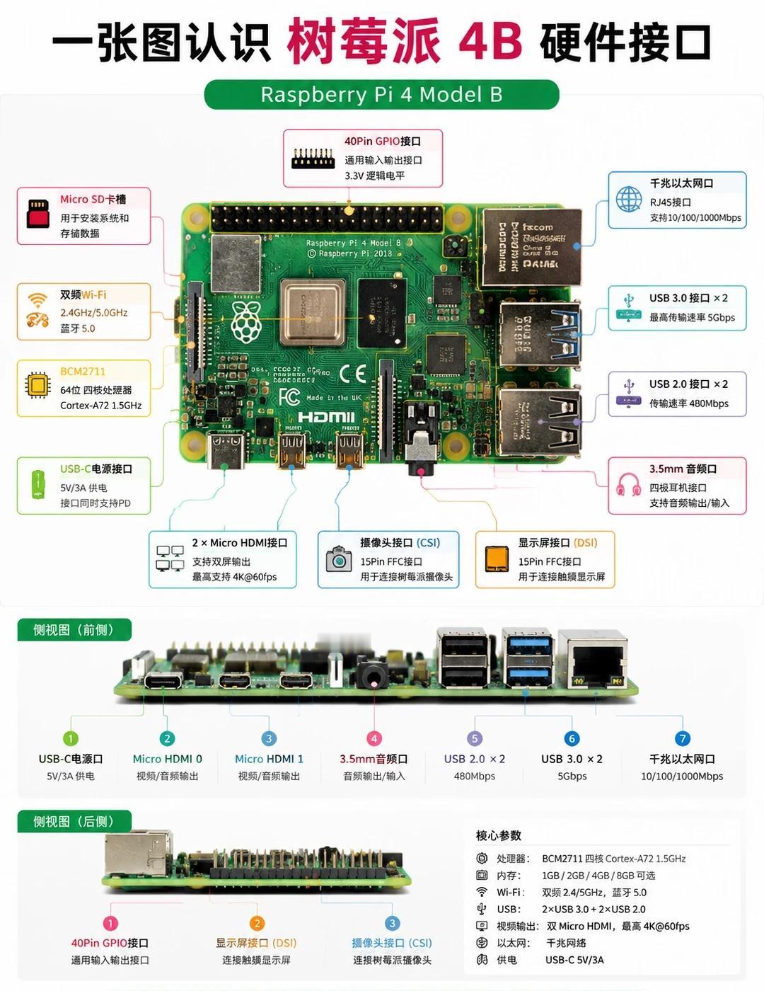 一张图认识树莓派4B硬件接口❗️❗️
树莓派4B虽然只有巴掌大小，却拥有强大的扩