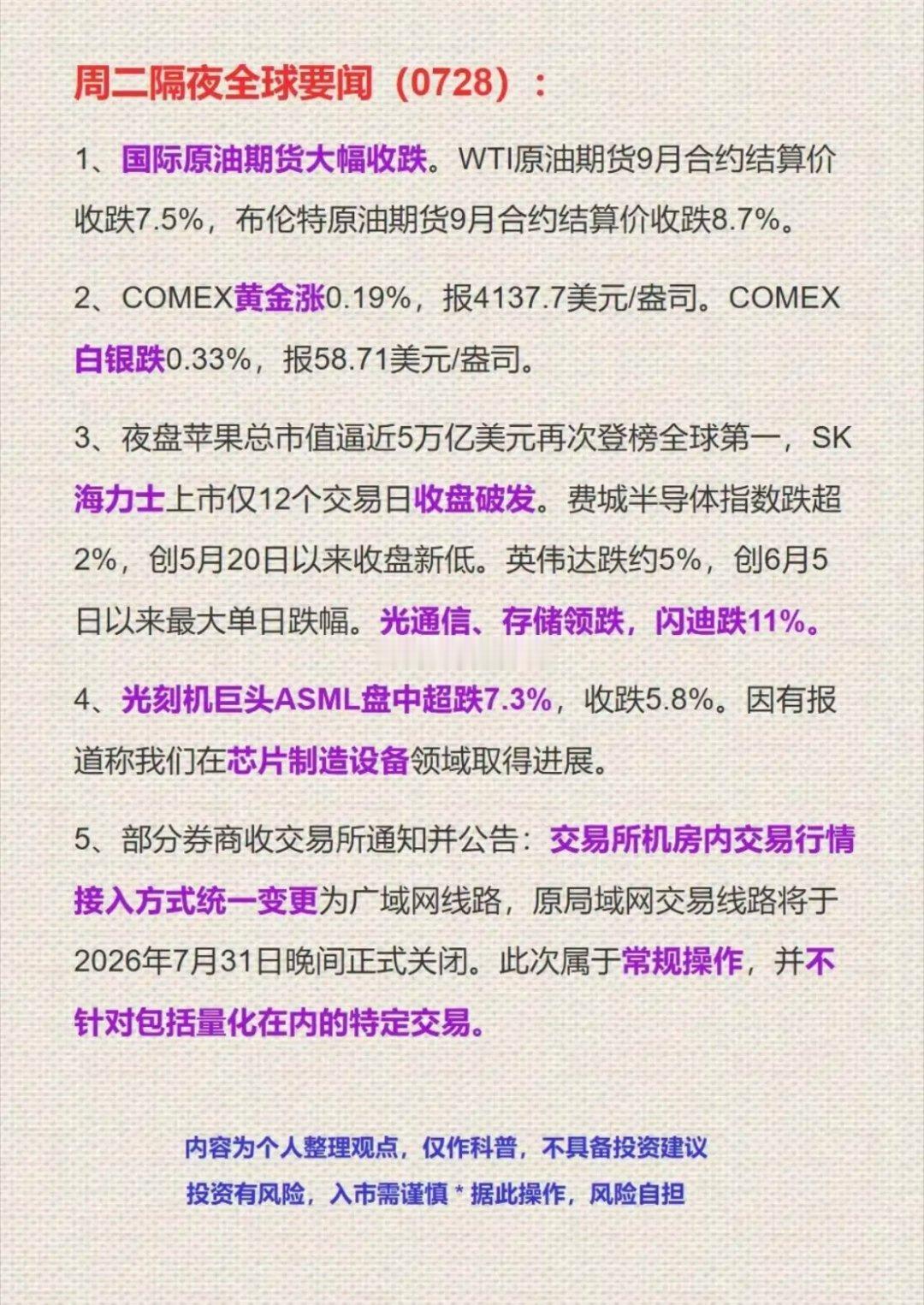 7.28周二  隔夜全球财经要闻汇总！1.原油、黄金2.海力士3.光刻机4.券商