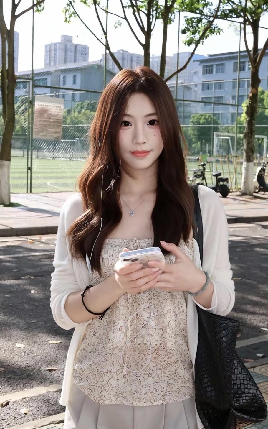 一个女孩在公园里看手机。