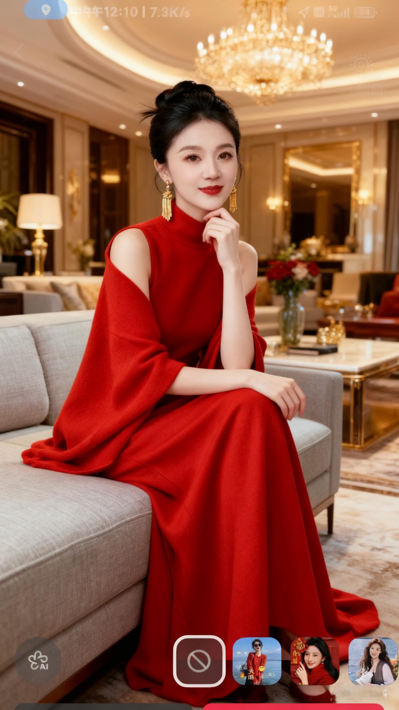 年轻美女着时尚棉麻雪纺衫，配耳环、项链与精致手链，精致妆容搭蓬松盘发，坐豪华客厅