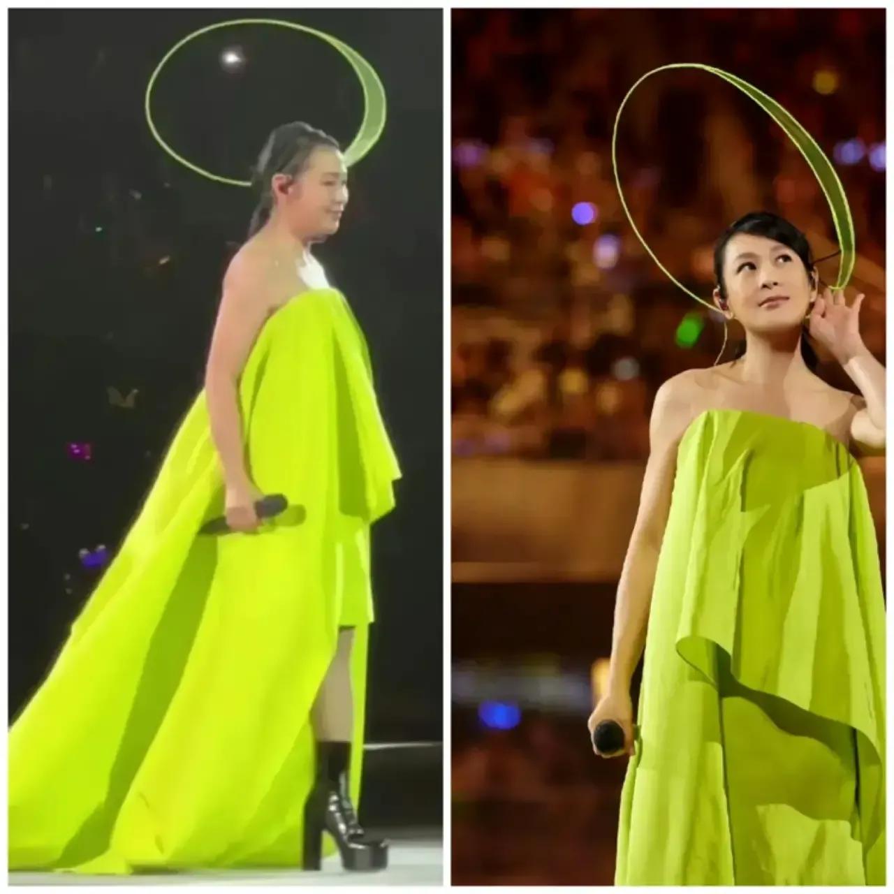 刘若英生图和精修图的对比照，真的差距太大了。

第一张图还以为是郑欣宜，这种露肩