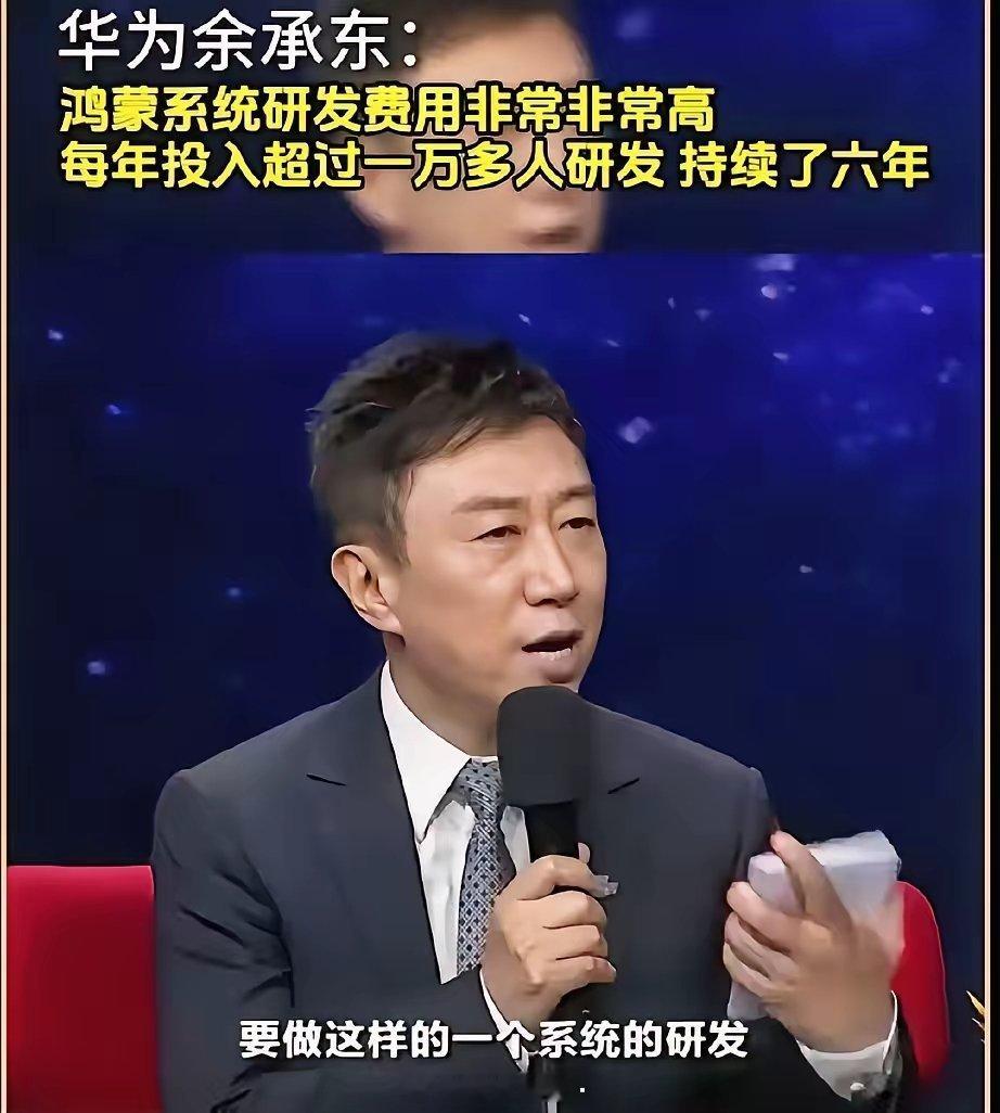 余承东的账本摊在央视镜头前。​主持人问鸿蒙花了多少钱，他答每年一万多人干了六年，