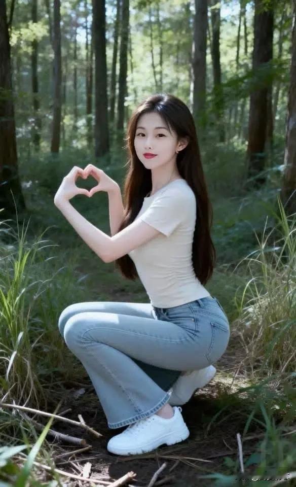 森林中的甜美少女，爱心手势，清新自然