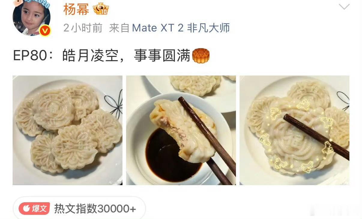 杨幂中秋节吃的这个应该叫鲜肉月饼饺子吧[允悲]好新的吃法啊 ​​​