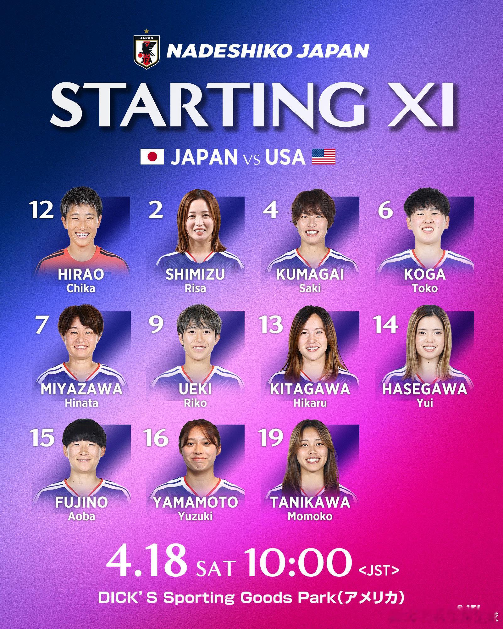 日本足球小将 【比赛日·先发】nadeshiko japan日本女子代表四月美国