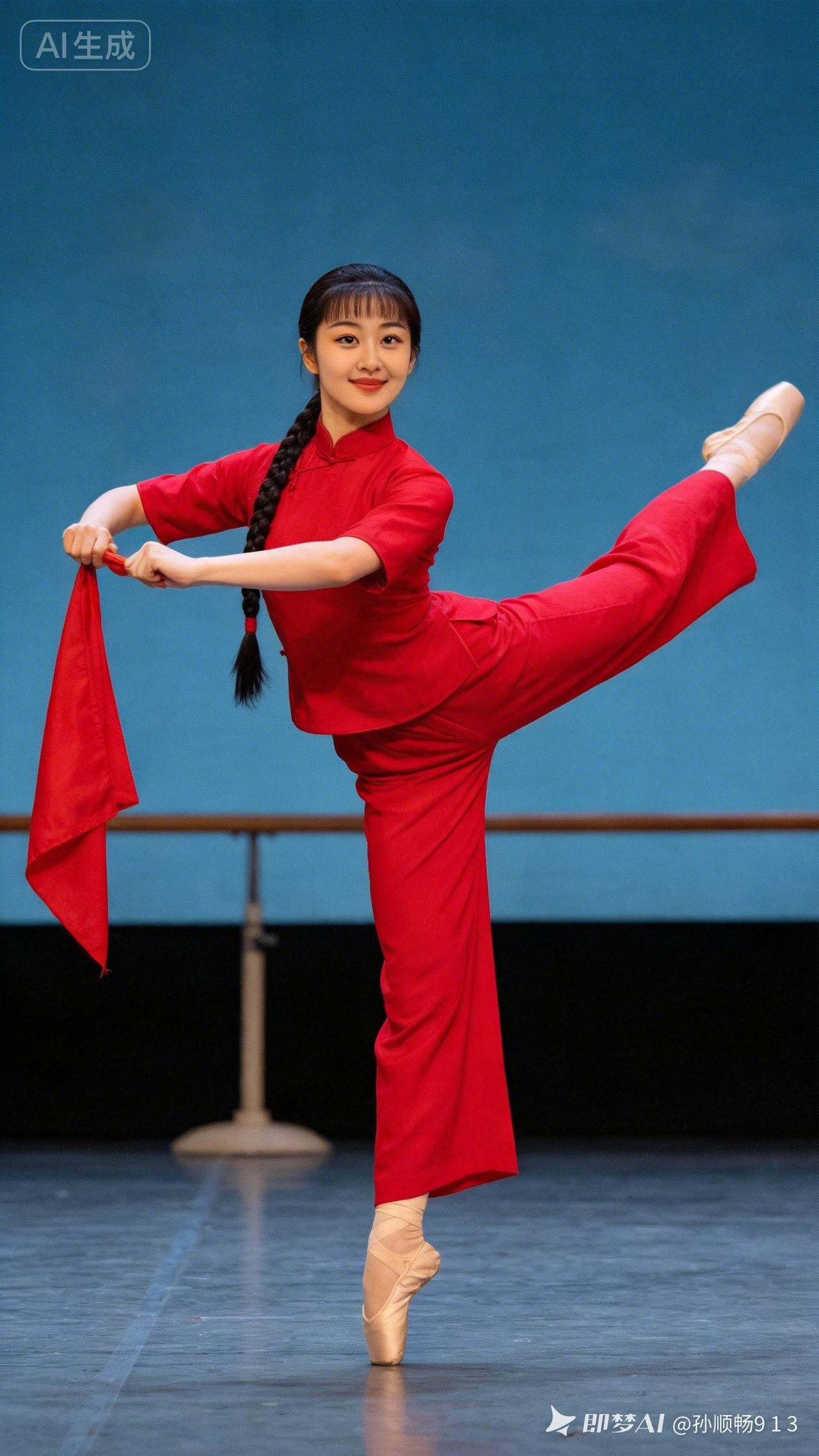 芭蕾舞女主，中式红上衣配阔口长裤，独辫齐刘海，足蹬舞鞋。双手紧握红旗，身姿舒展后