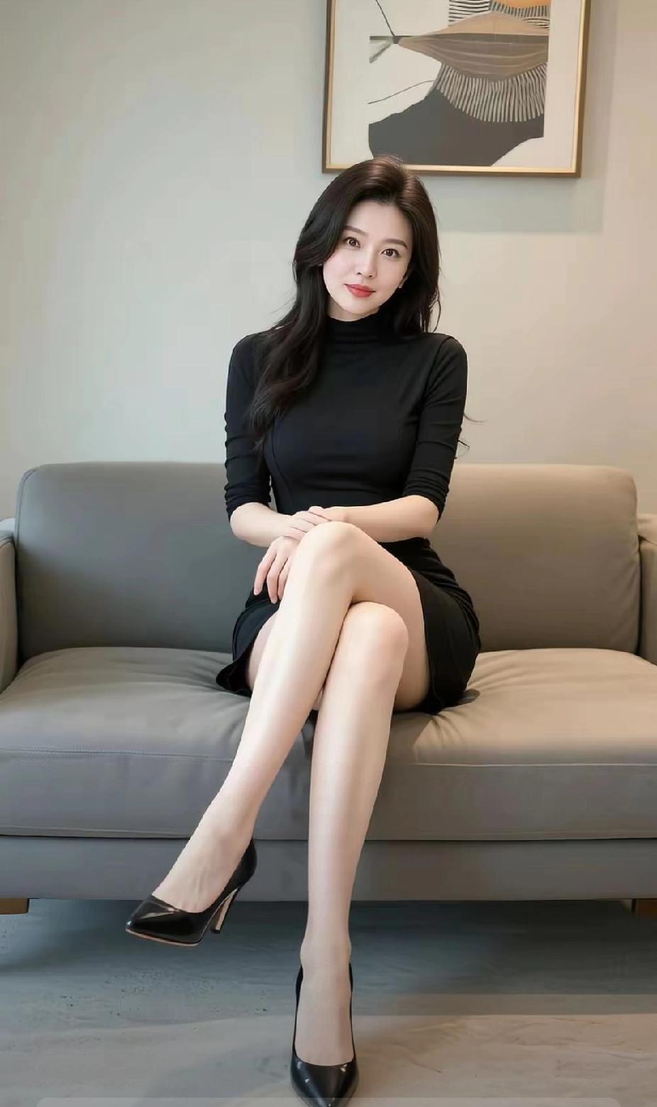 优雅黑裙，自信姿态，都市女性的魅力