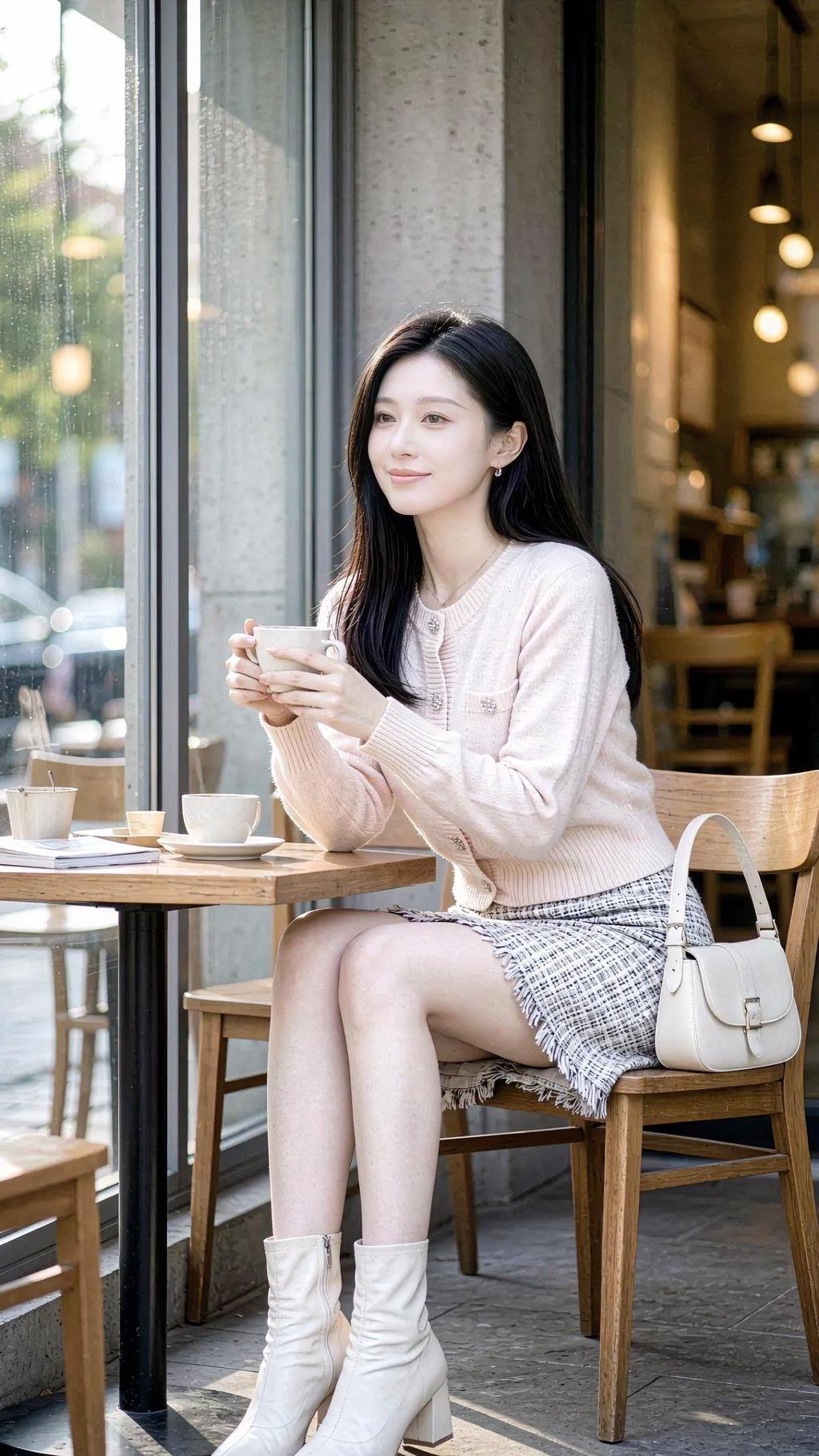 《<街角粉绒的茶香>》

粉绒针织，轻裹秋日的温软，

格纹短裙，摇曳着流苏的闲
