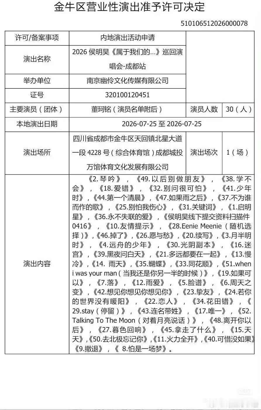 侯明昊成都演唱会歌单来了 好耶！ 